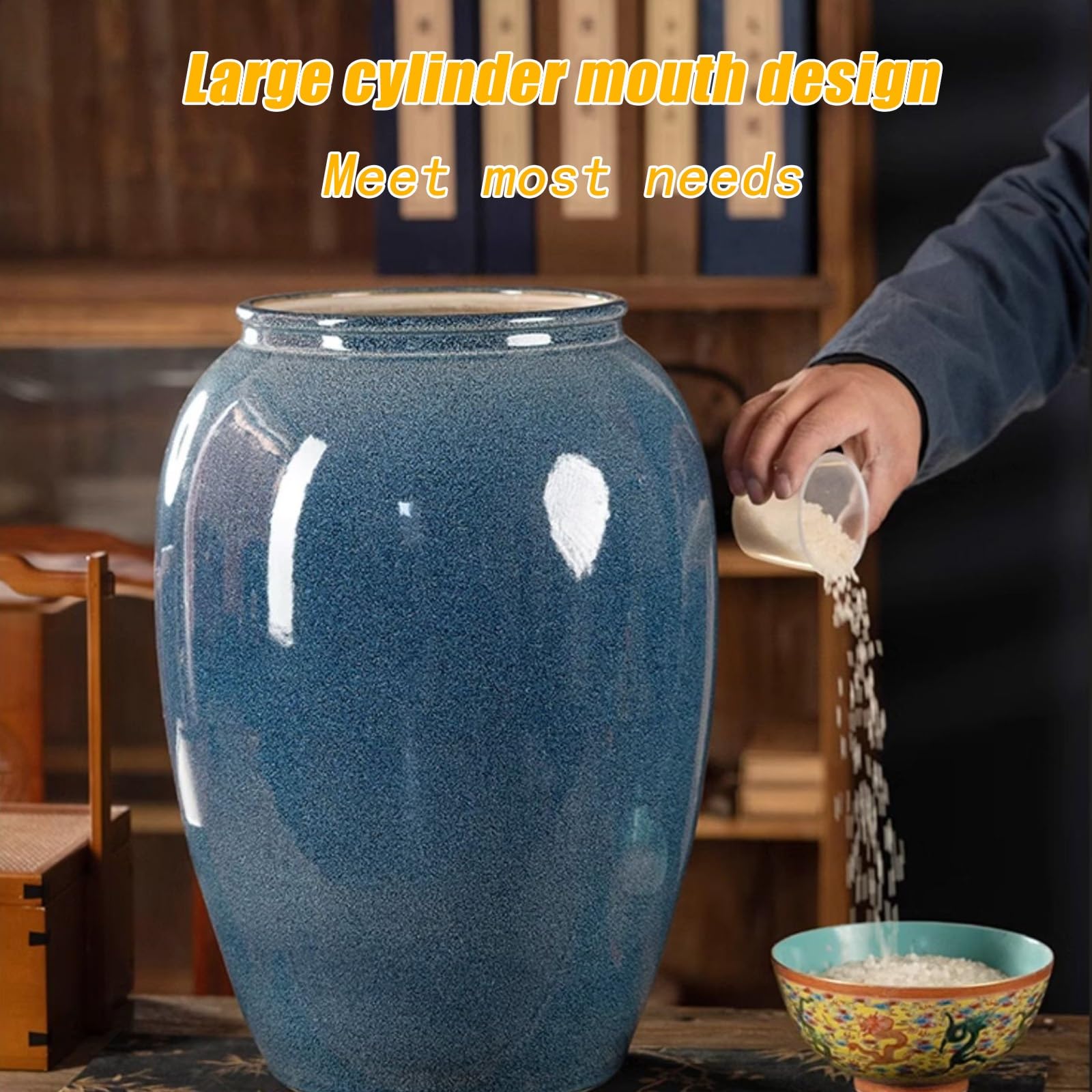 Chiński retro ceramiczny cylinder ryżowy z pokrywką 25 kg dozownik ziaren do herbaty kawy i przekąsek przechowywanie niebieski i biały porcelanowy pojemnik domowy słoik