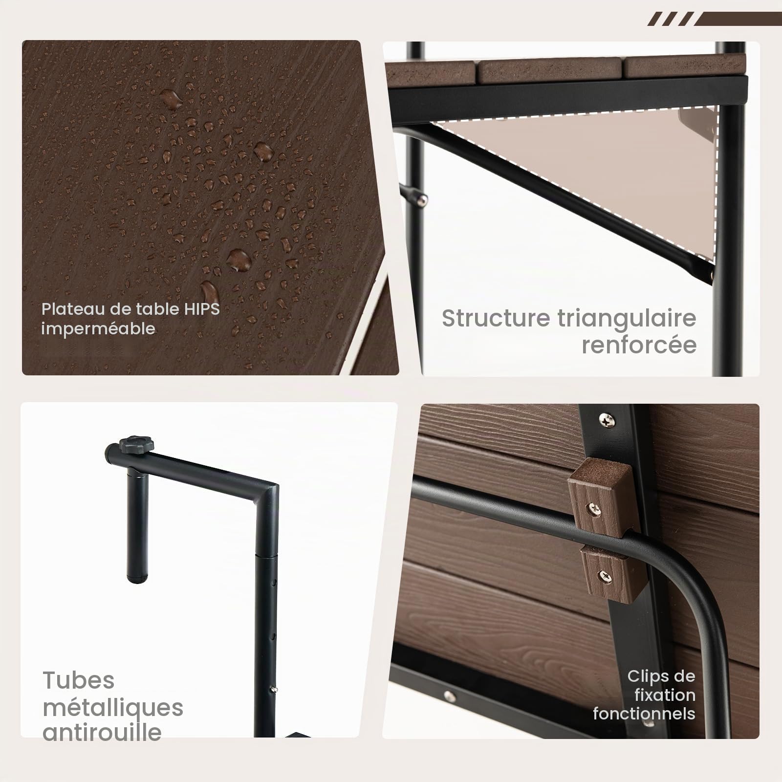 GIANTEX Table de Balcon Suspendue Pliable, Table Suspendue Rabattable et Hauteur Réglable, Résistante aux Intempéries, Charge 30 kg, pour Balcon, Terrasse, Jardin, 62,5 x 60 x 84 cm, Marron