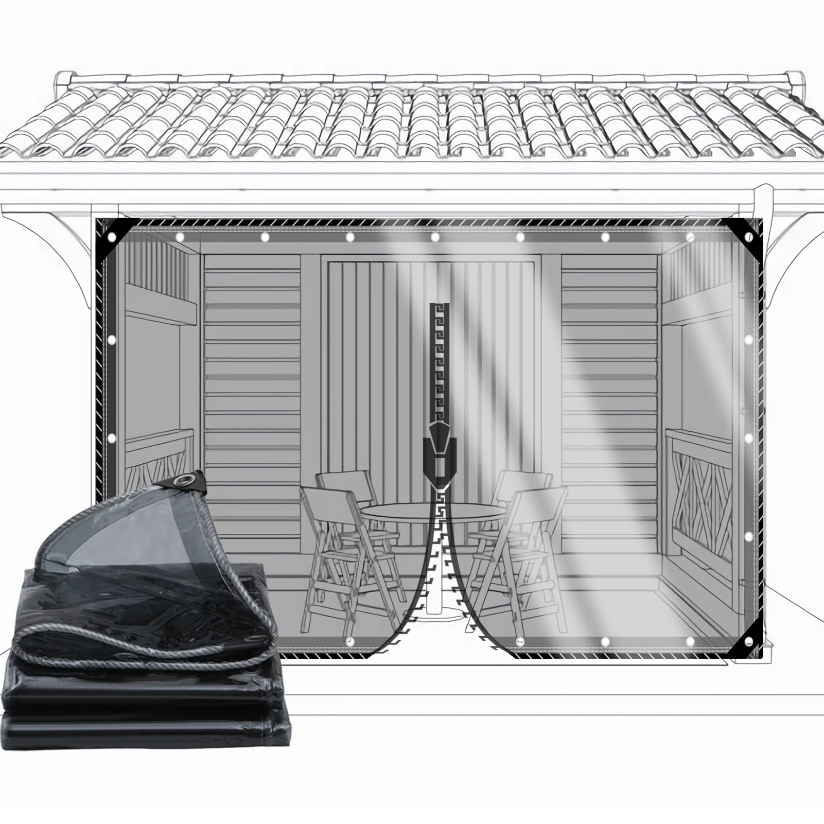 CAQXAQP Clear Heavy Duty Tarpaulin with 1 zip– 600gsm Waterproof Tarp PVC 2.4mx7m with Eyelets– Black Transparent Gazebo Side Panels for Pergola Garden & Balcony Rain Cover