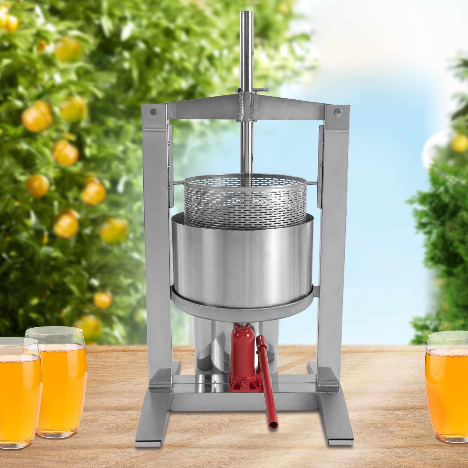 BANLICALI 20L Fruit Press, DIY Large Fruit Wine Press Stainless Steel Cider Press with 3 T Hydraulic Jack, Strainer and T-Handle, Manual Grape Apple Press and Crusher for Cider Silver, Easy to Clean