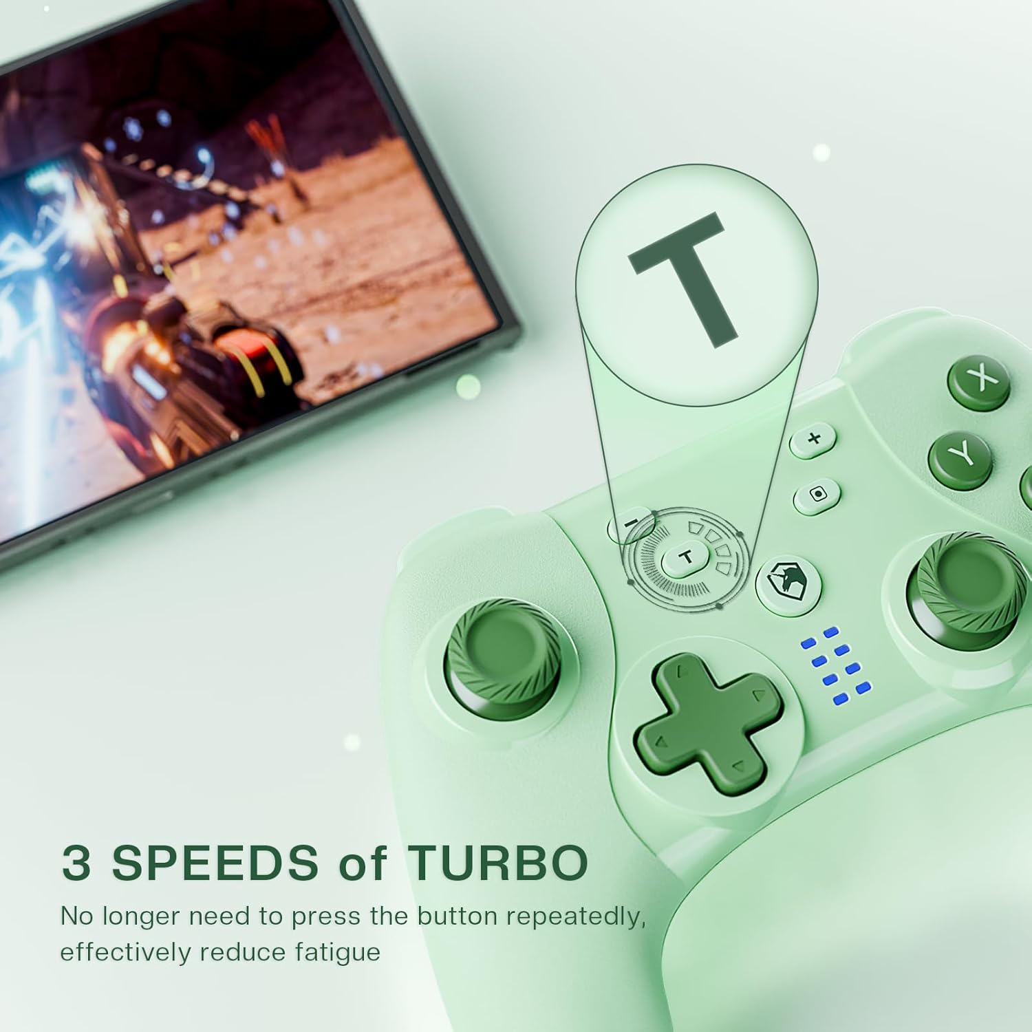 Controller with T button highlighted for turbo function