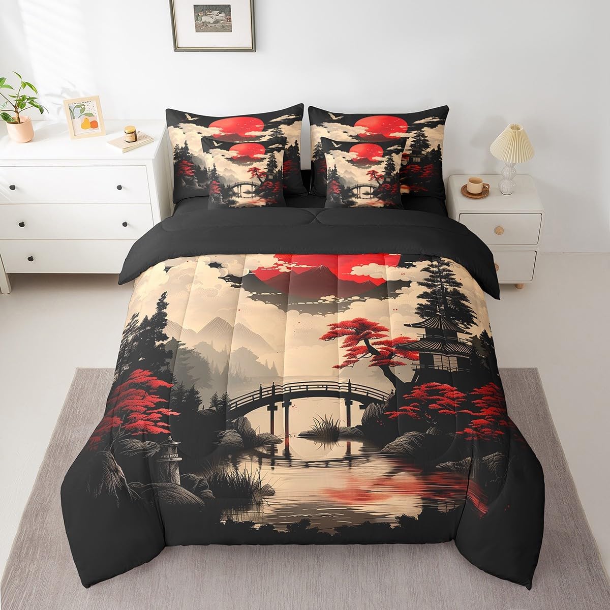 Erosebridal Vintage Oriental Queen Bedding Set 7 Piece,Japanese Style Crane Comforter Set for Kids Adults,Red and Black Bed in a Bag Aesthetic Landscape Bed Set with Fitted+Flat Sheet,Pillowcases