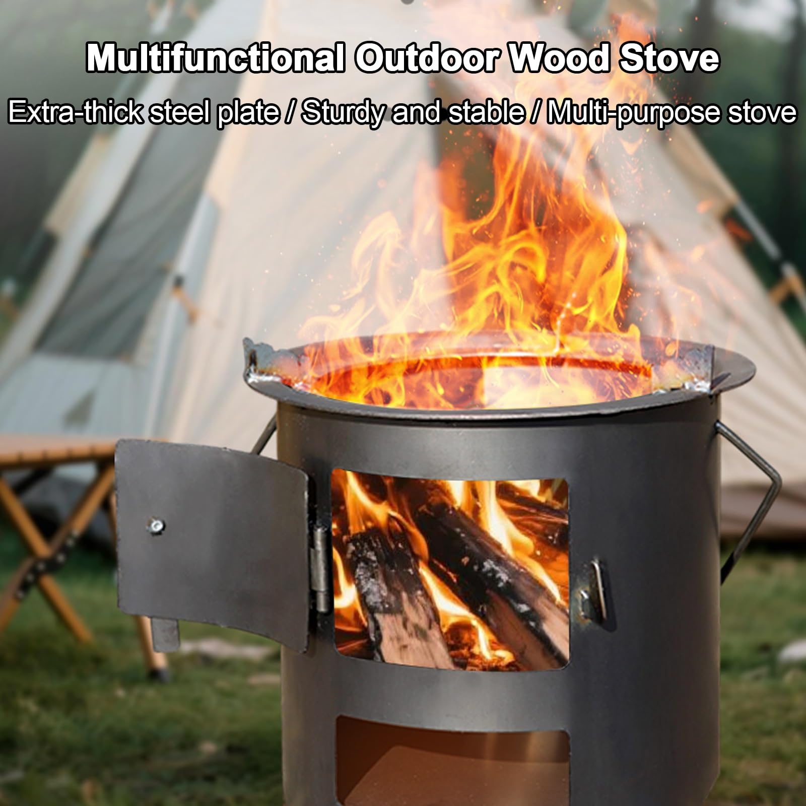 Tragbarer Camping Holzofen, Holzofen Outdoor Zum Kochen, Wandern, Rucksackreisen, Verdickte Stahlplatte, Wird mit Einem Griff und Zubehör Geliefert(30cm/12in)
