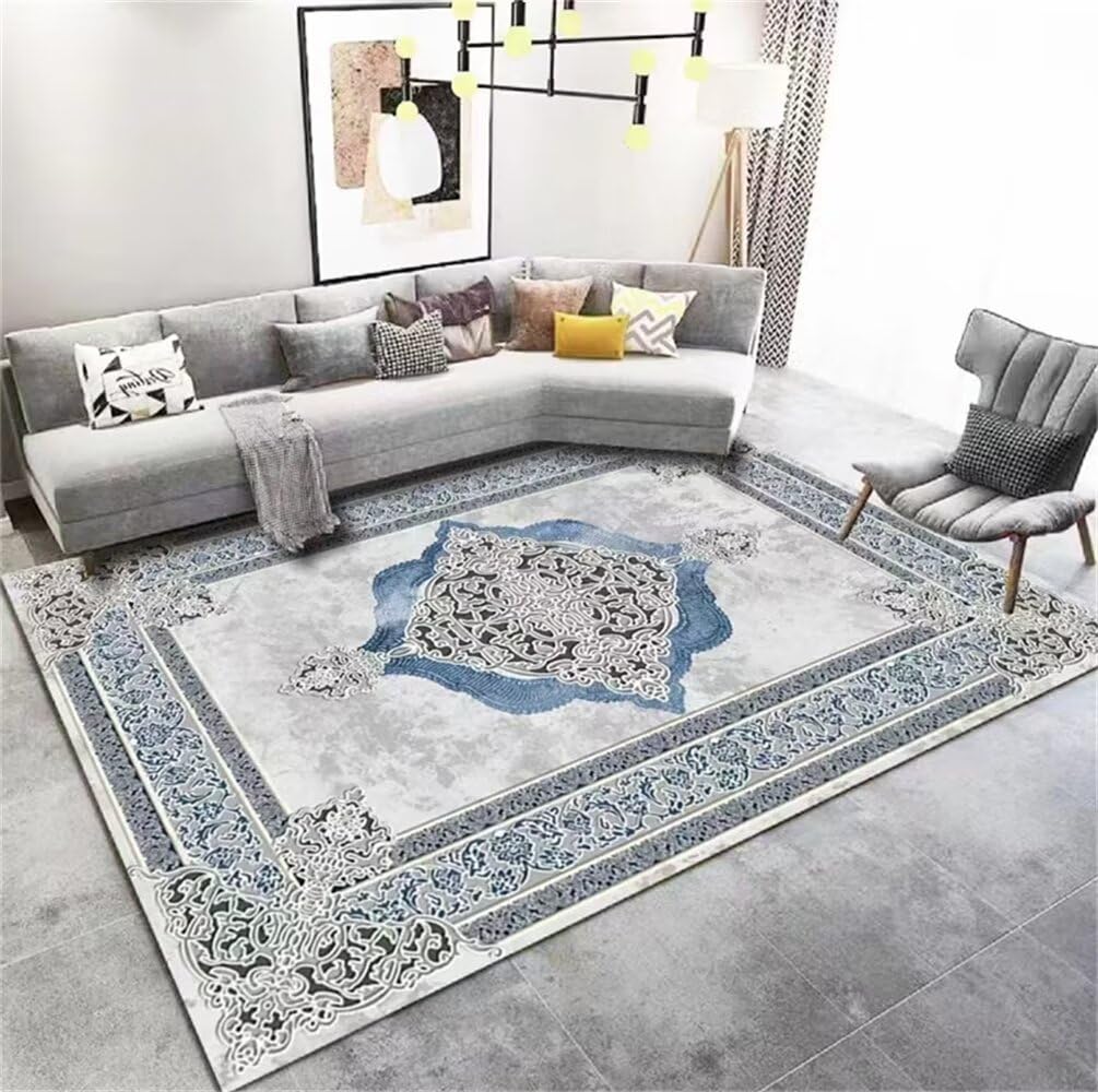 Grand tapis salon bleu 100x210 cm lavable et facile à nettoyer