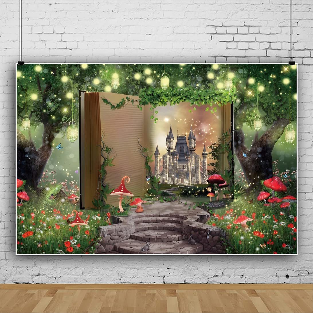 3x2,5m Bosque Telón de fondo Libro Mágico Mundo de cuento de hadas Telón de fondo Bosque de Fantasía Castillo Seta Hierba Flores Luces de purpurina Fotografía de Fondo