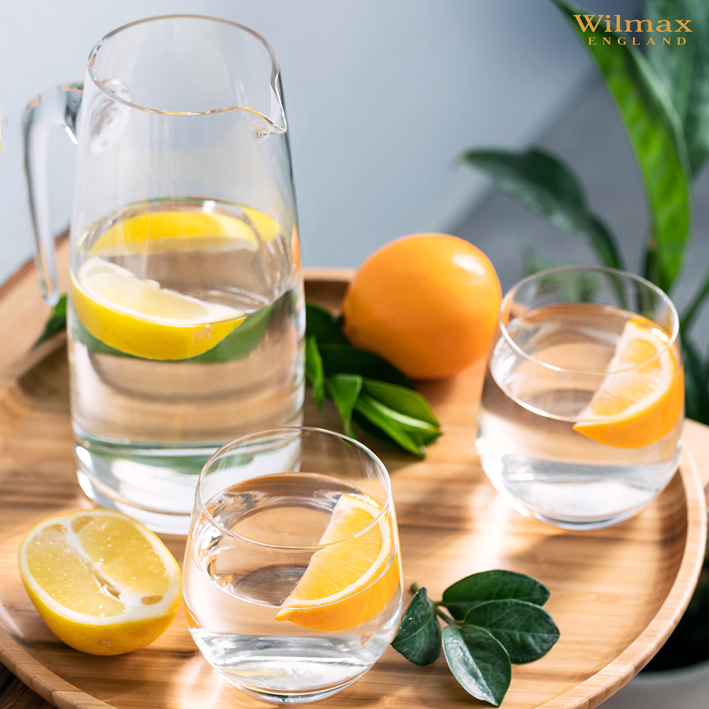 Wilmax Jarra de cristal de 1 l con 6 vasos de agua de 390 ml, juego de bebidas, jarra de agua para zumo, agua, té helado, leche, jarra de cristal, jarra de agua, apta para lavavajillas, jarra de