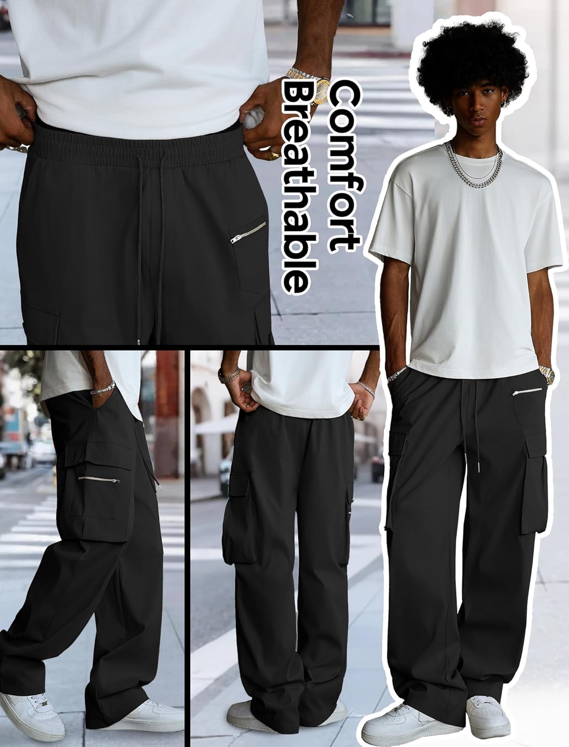 ZAFUL Men's Casual Cargo Pants Elastic Waist Drawstring Pants Cargo Sweatpants Multi Pockets Loose Fit Straight Leg Pants - Image 5