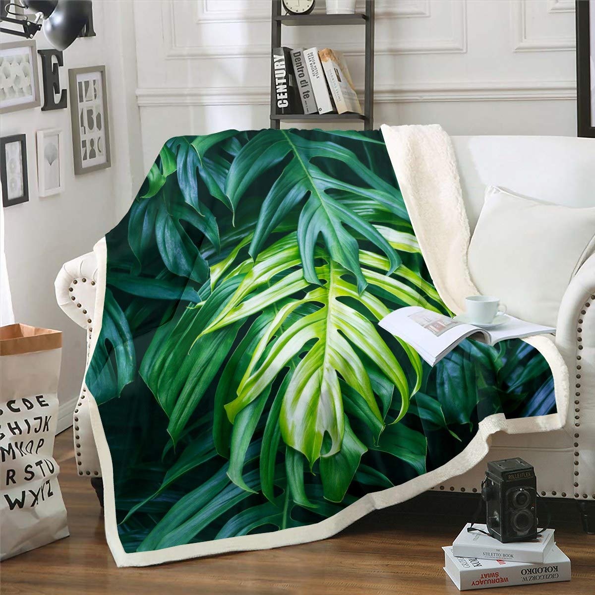 Loussiesd Botanical Leaf Sherpa Blanket for Kids Boys Adults Tropical Leaves Throw Blanket Palm Leaf Fleece Blankets Luxury Microfiber Plush Blanketsfor Couch Bed Sofa Fuzzy Blanket Baby 30"x40"