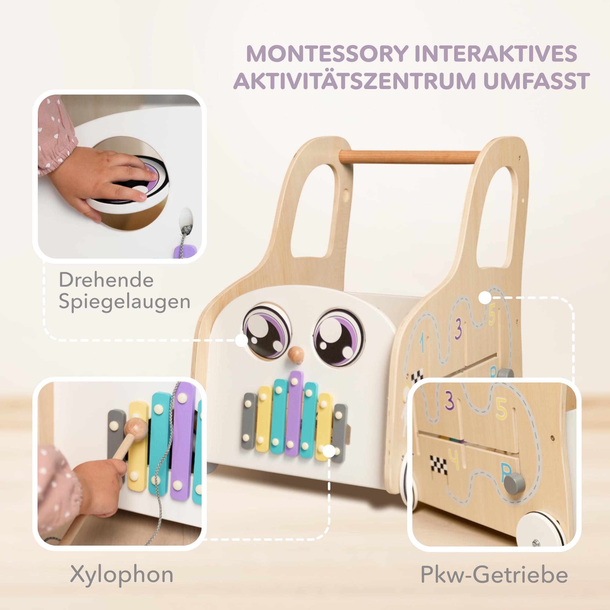 Cateam Lauflernwagen Baby mit rädern - Holzspielzeug mit Lauflernhilfe, Motorikwürfel und Gehfrei - Montessori Spielzeug Busy Board - Push & Pull Lauflernspielzeug mit Aufbewahrung Körb, Babyschieber