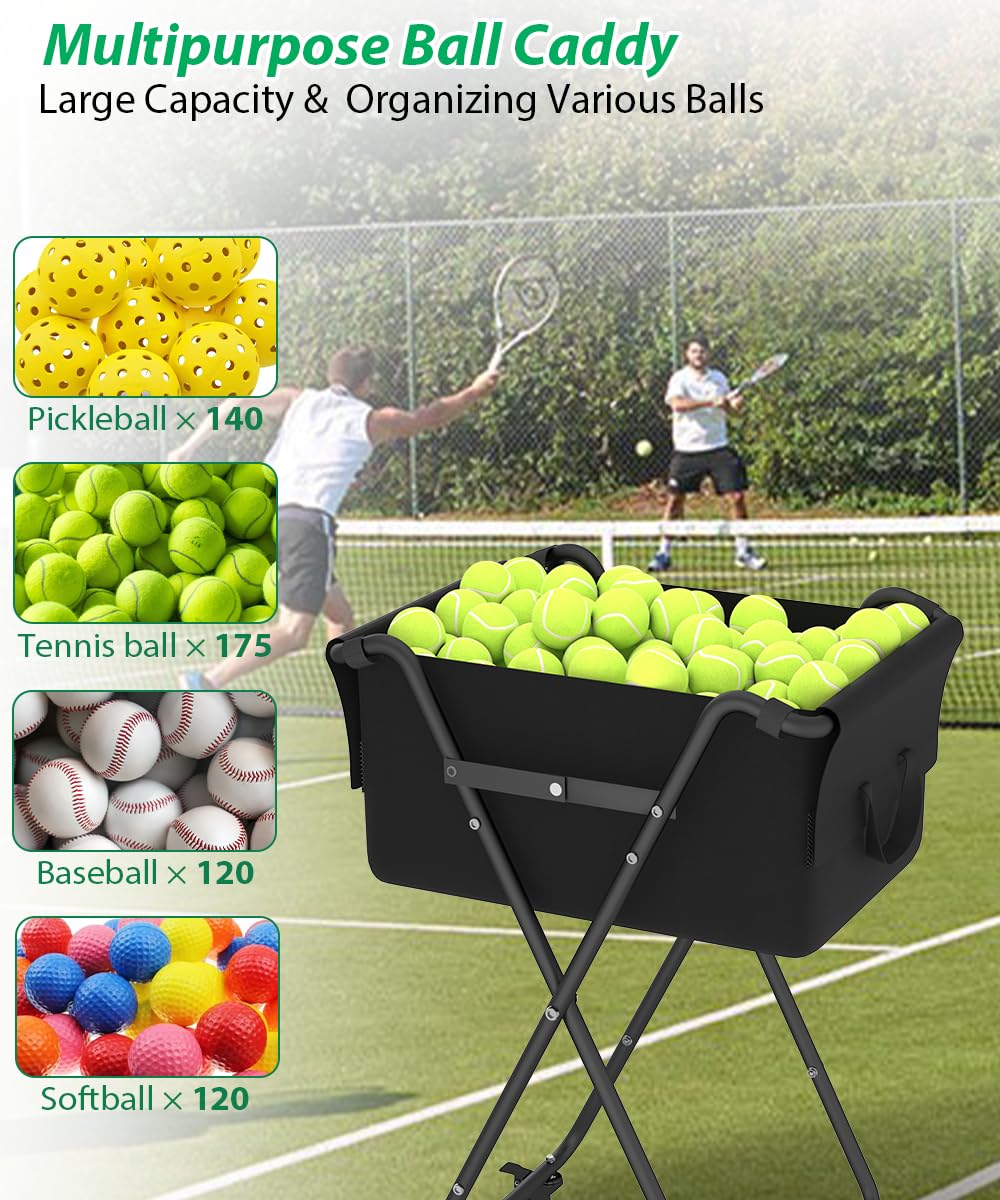 Tragbarer Ball-Sammler Für Pickleball & Tennis – Platz Für Bis Zu 160 Bälle, Mit Rädern & Tasche