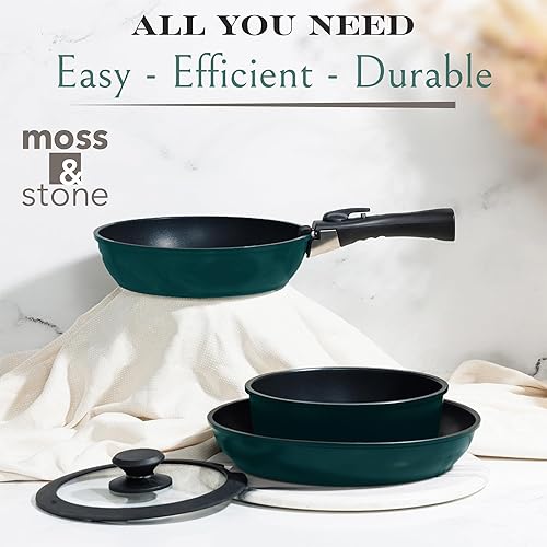 Miniatura 6 de Moss & Stone Juego de ollas y sartenes azules, juego de utensilios de cocina de inducción, apto para lavavajillas, mango desmontable, aluminio