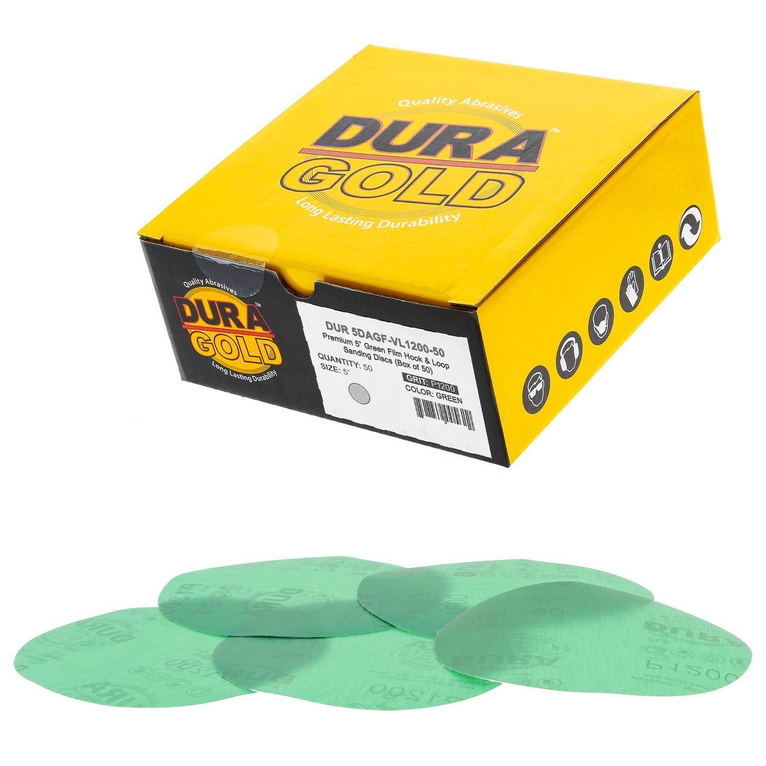 Dura-Gold Premium 5" Green Film Sanding Discs - 1200 Grit (Box of 50) - Hook & Loop Backing Sandpaper Discs for DA Sanders, Finishing Cut Abrasive,