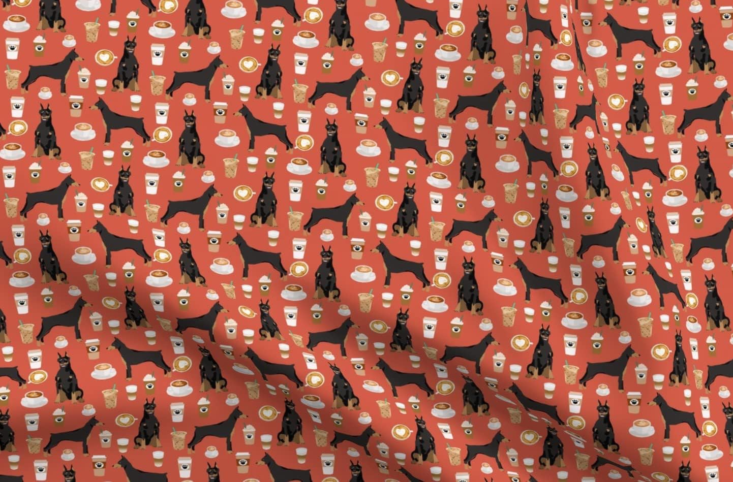 Spoonflower Fabric - Doberman Dog Pinscher Rust Coffee Dogs Coffees Pet Portrait Printed on Organic Cotton Sateen Fabric by The Yard - Sewing Quilting Apparel Home Decor