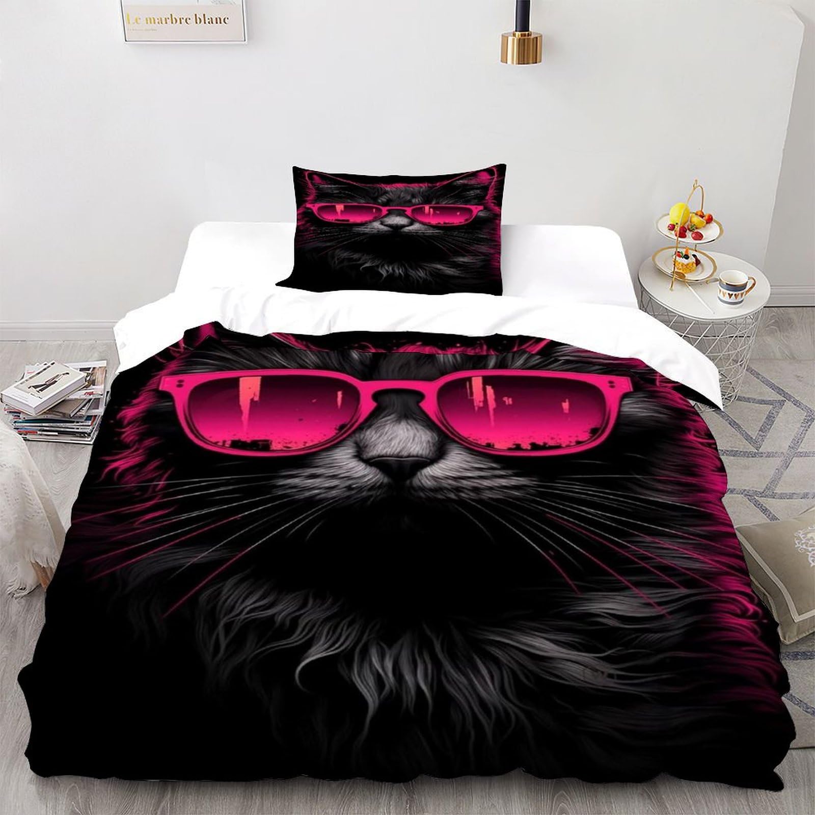 Parure de lit single 135x200 cm noire avec housse de couette imprimée lunettes et taie d'oreiller