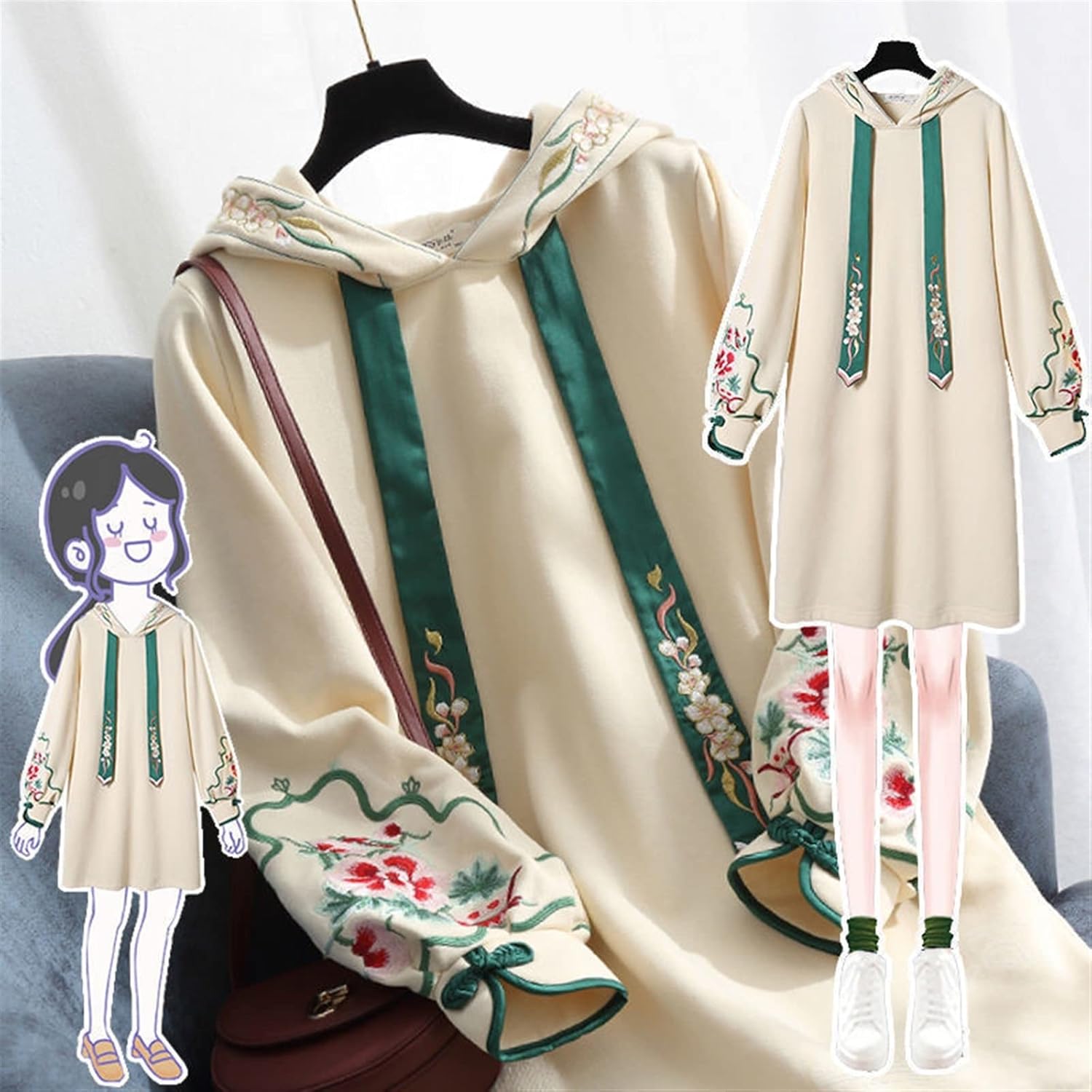 Spring Women Sweatshirt Dress Women Mid-length Traditional Chinese Style Hanfu Cheongsam Hoodies Oversized Hoodie