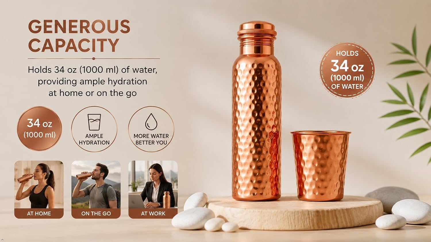 Pure Copper Water Bottle with Copper Tumbler - 34 Oz Extra Large - Ayurvedic Vessel For Drinking - Drink More Water, Lower Your Sugar Intake And Enjoy The Health Benefits (Hammered bottle with Glass) | 34 Oz Extra Large, Ayurvedic Vessel, Health Benefits, Lower Sugar Intake