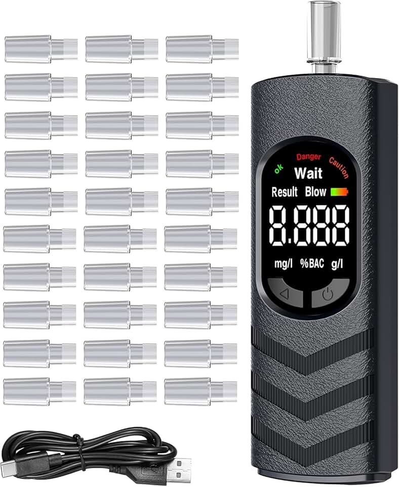 Etilómetro Digital Portátil con Pantalla LCD a Color – Alcoholímetro Recargable USB-C para Casa, Fiestas, Barbacoas, Viajes – 20 Boquillas Desechables Higiénicas Incluidas
