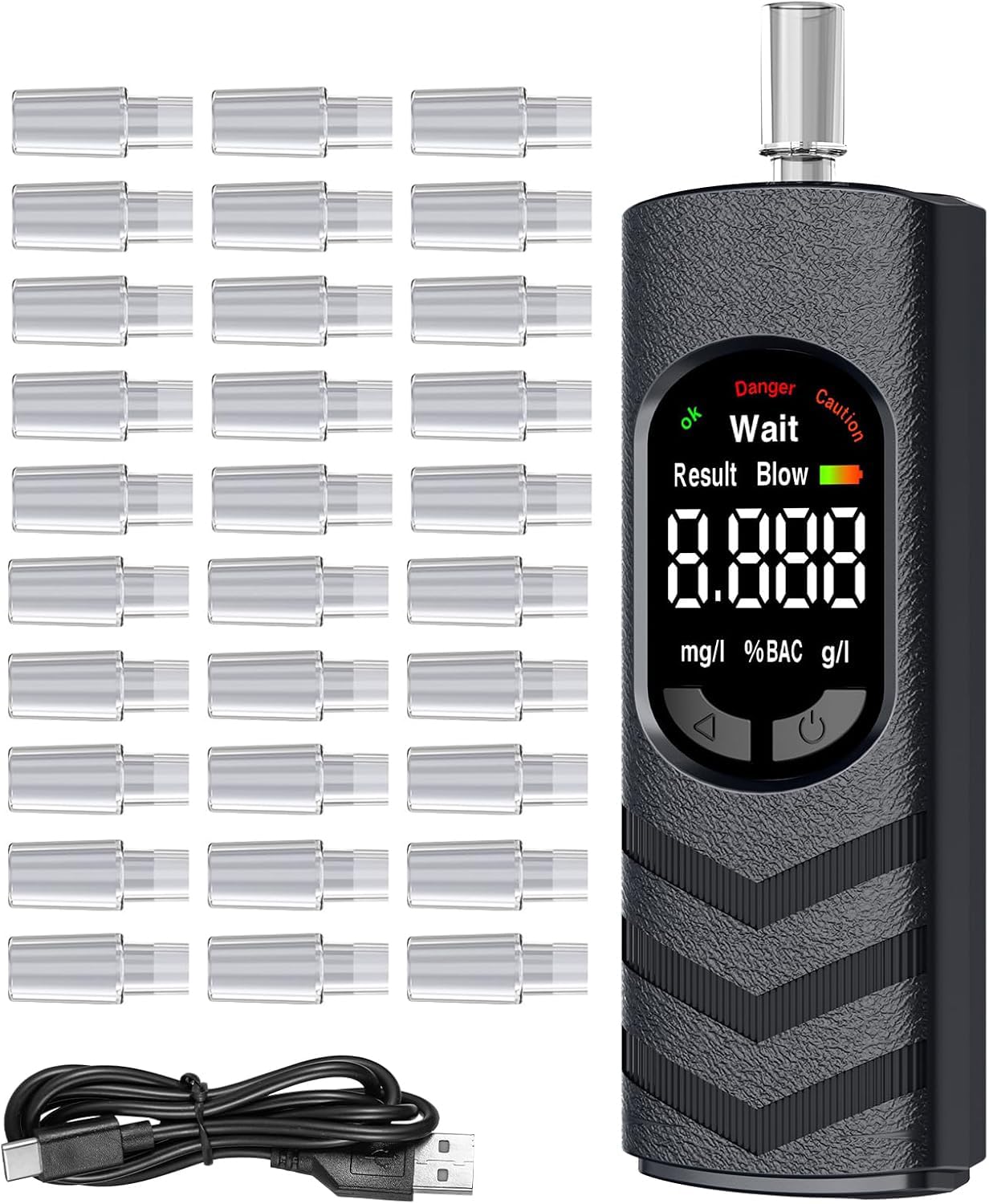 Éthylotest Numérique Portatif avec Écran LCD Couleur – Alcooltest Rechargeable USB-C pour Maison, Fêtes, BBQ, Voyages – 20 Embouts Jetables Hygiéniques Inclus