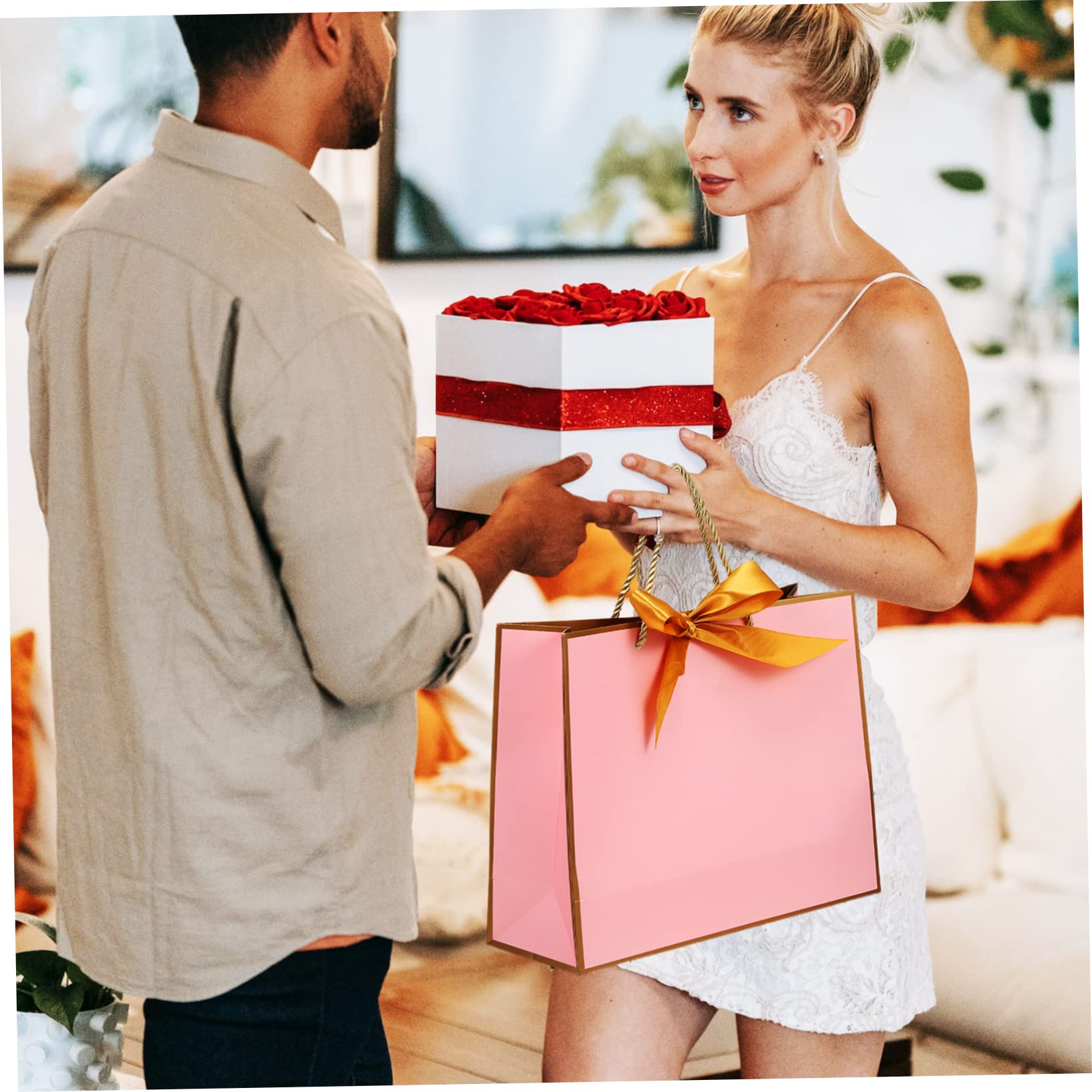 Sacchetti Regalo di Carta Manici, 10 Pezzi Rosa, Fiocco
