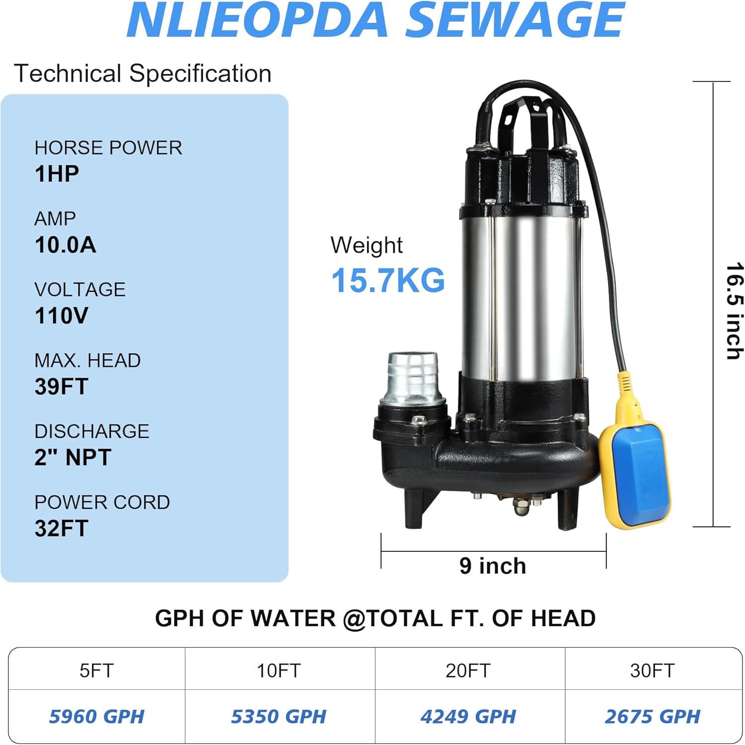 NLIEOPDA 1HP Sewage Grinder Sump Pump, Submersible Effluent Pumps 110V 6400 GPH Auto Float Switch, Cast Iron, 2'' NPT Discharge for Basement, Sump Basin, Residential Sewage