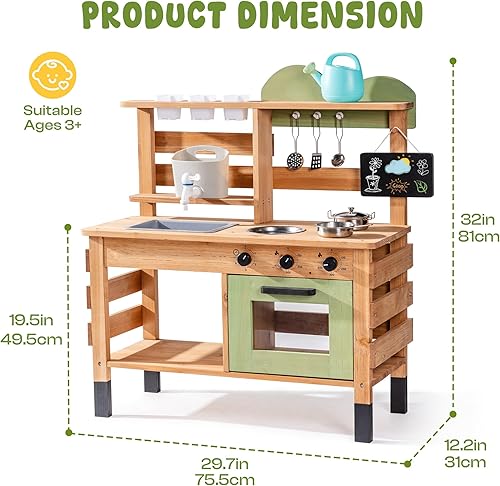 Miniatura 9 de ROBOTIME Cocina de barro, cocina de juego al aire libre para niños, juego de cocina de barro de madera con fregadero extraíble y pizarra, accesorios