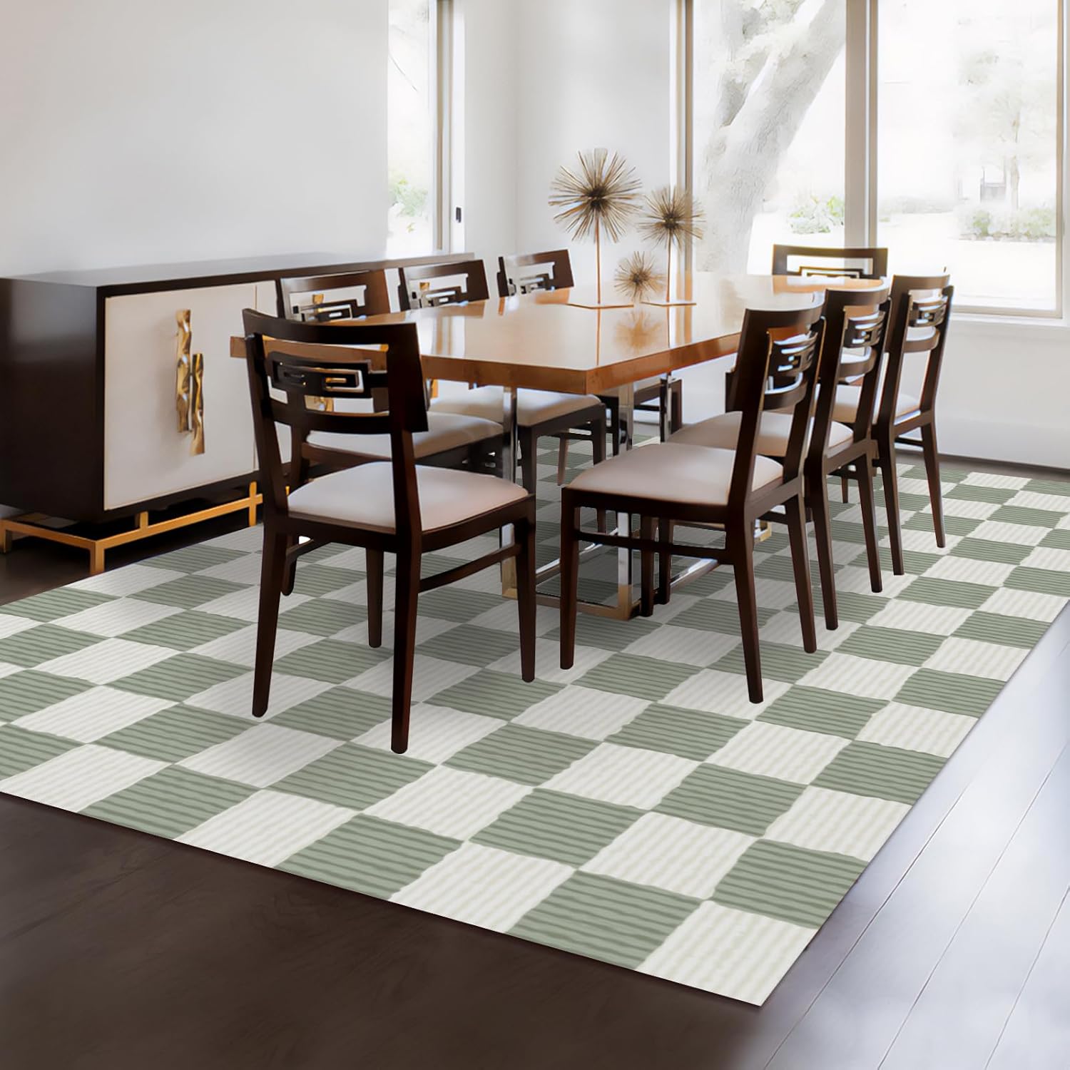 Checkered Area Rug 5'×7' Sage Green Washable Large Living Room Rug Geometry Neutral Line Non-Slip Soft Bedroom Carpet Dining Room Nursery Home Office Indoor Decor