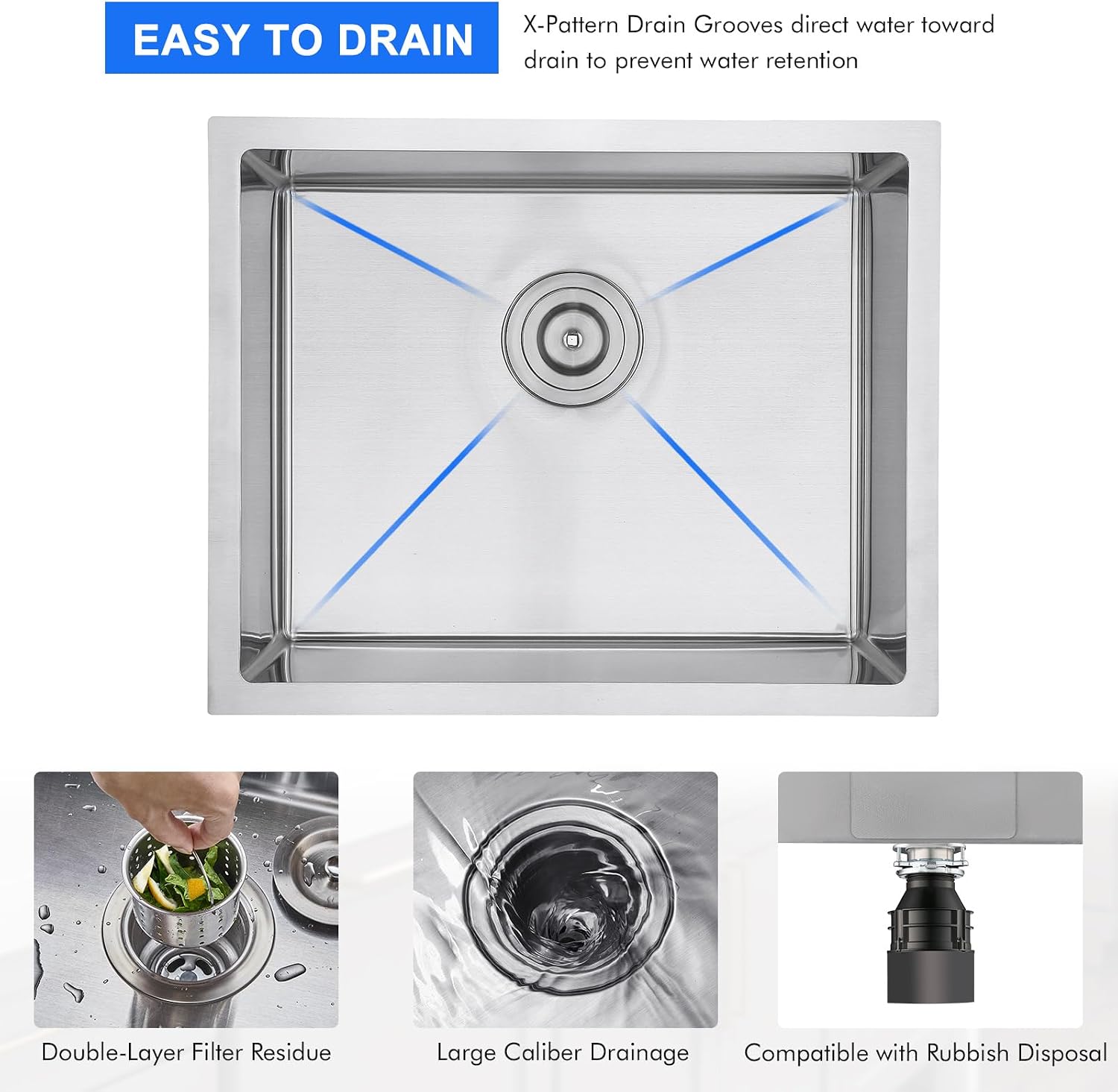 22x18 Inch Undermount Kitchen Sink, T-304 Stainless Steel Single Bowl with 3mm Thickened Flange & Roll-up Drying Rack, 9" Deep for Indoor/Outdoor Bar, Laundry Room