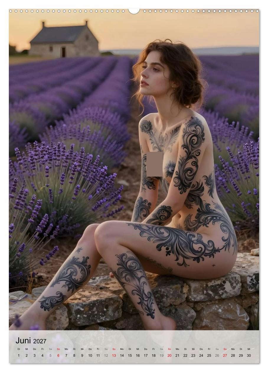 Tattoo Engel (hochwertiger Wandkalender 2027 DIN A2 hoch), Kunstdruck in Hochglanz: Verführerische Schönheiten mit ornamentalen Tattoos (CALVENDO Erotik)