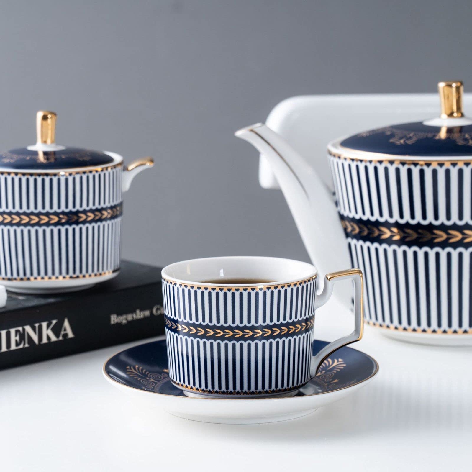 zestaw do herbaty, 11 szt. Porcelanowy zestaw do herbaty Zestawy filiżanek i spodków kawy Zestaw Serwis herbaciany Niebieskie paski Czajniczek, Cukiernica, Dzbanek śmietanki