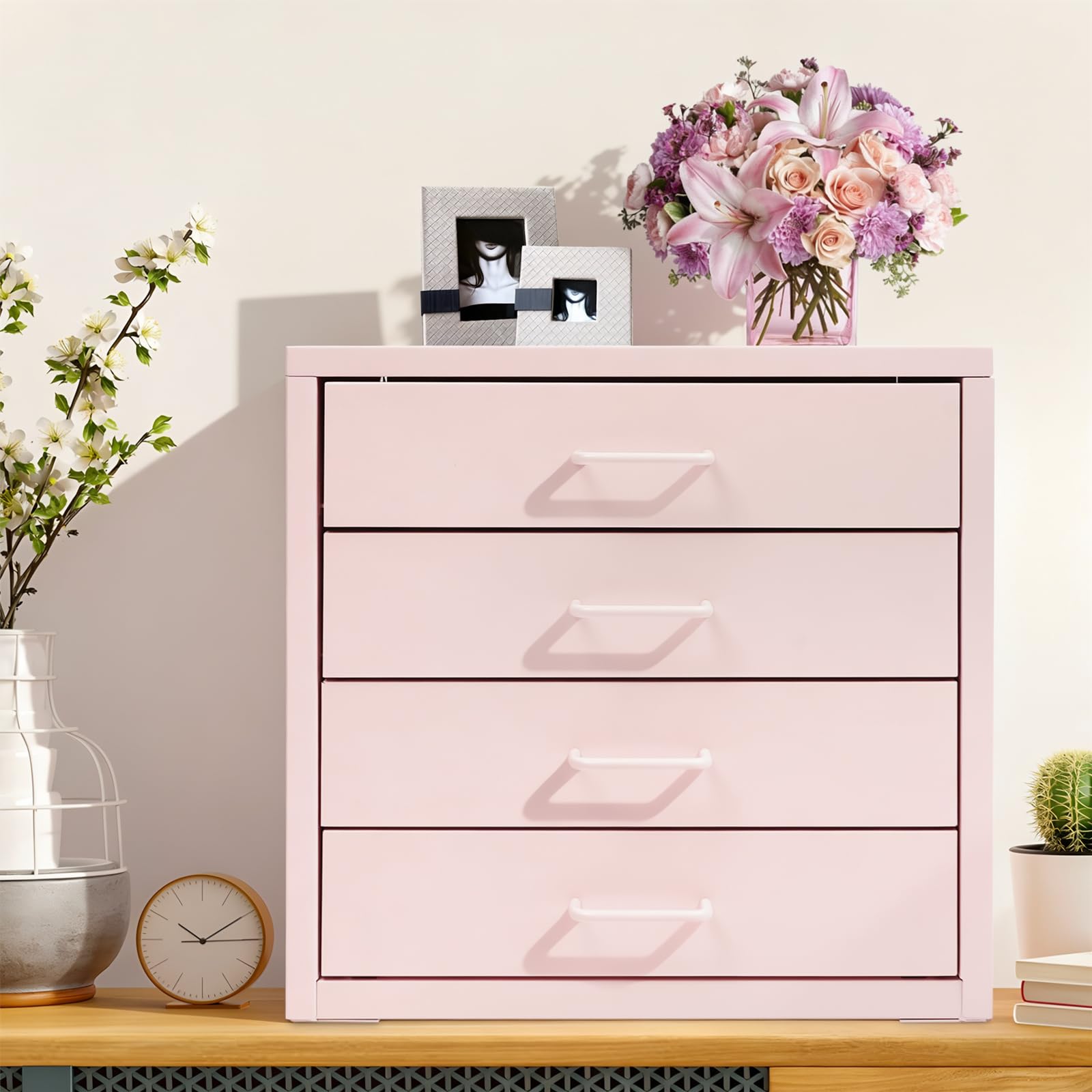 Ablagebox Schubladenboxen A4 Aufbewahrungsboxen Schreibtisch Organizer mit 4 Schubladen Mini Kommode Schubladenbox Papierablage Metall-Aufbewahrungsschublade für Hause, Büro (Rosa)