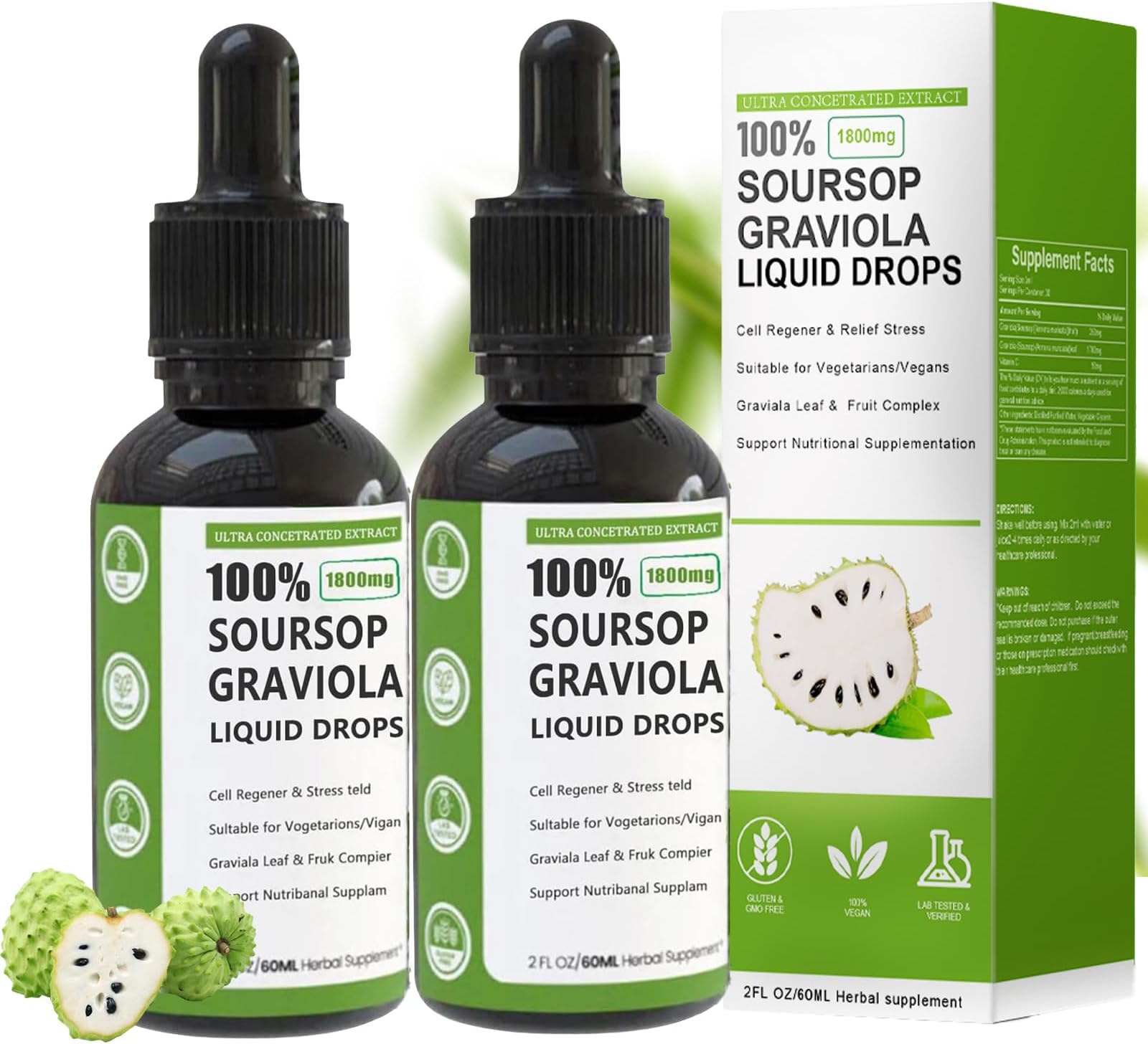 Simply Sours Soursop Graviola Liquid Drop, 100% Organic Pure Soursop Leaves and Fruit Extract, Soursop Bitters Liquid, Soursop Extract Organic Pure 1800mg, Sugar/Gluten Free, Natural Flavor
