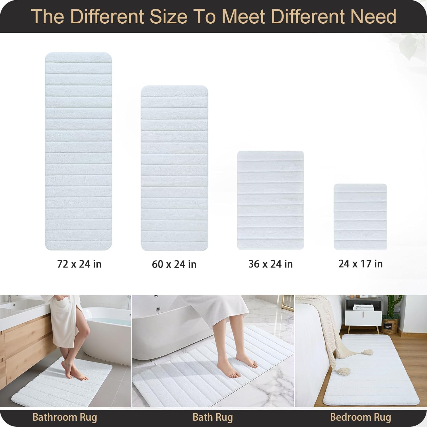 AROGAN Luxury Long Bathroom Runner Rugs, Thick Soft and Absorbent Microfiber Non Slip Bath Mat, Rubber Backing Striped Rug Carpets, Machine Washable Plush Mats for Bathroom Floor, 24x72 Inch White