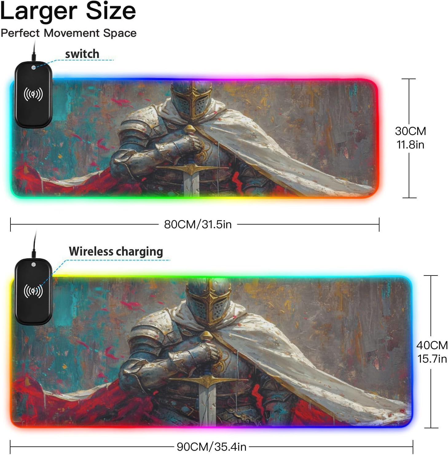 AIXIWAWA (Knight with Armor Wireless Charging Mouse Pad 15 w RGB Glowing Mouse Soft Mat Large Oversized Gaming Keyboard Pad for Desk
