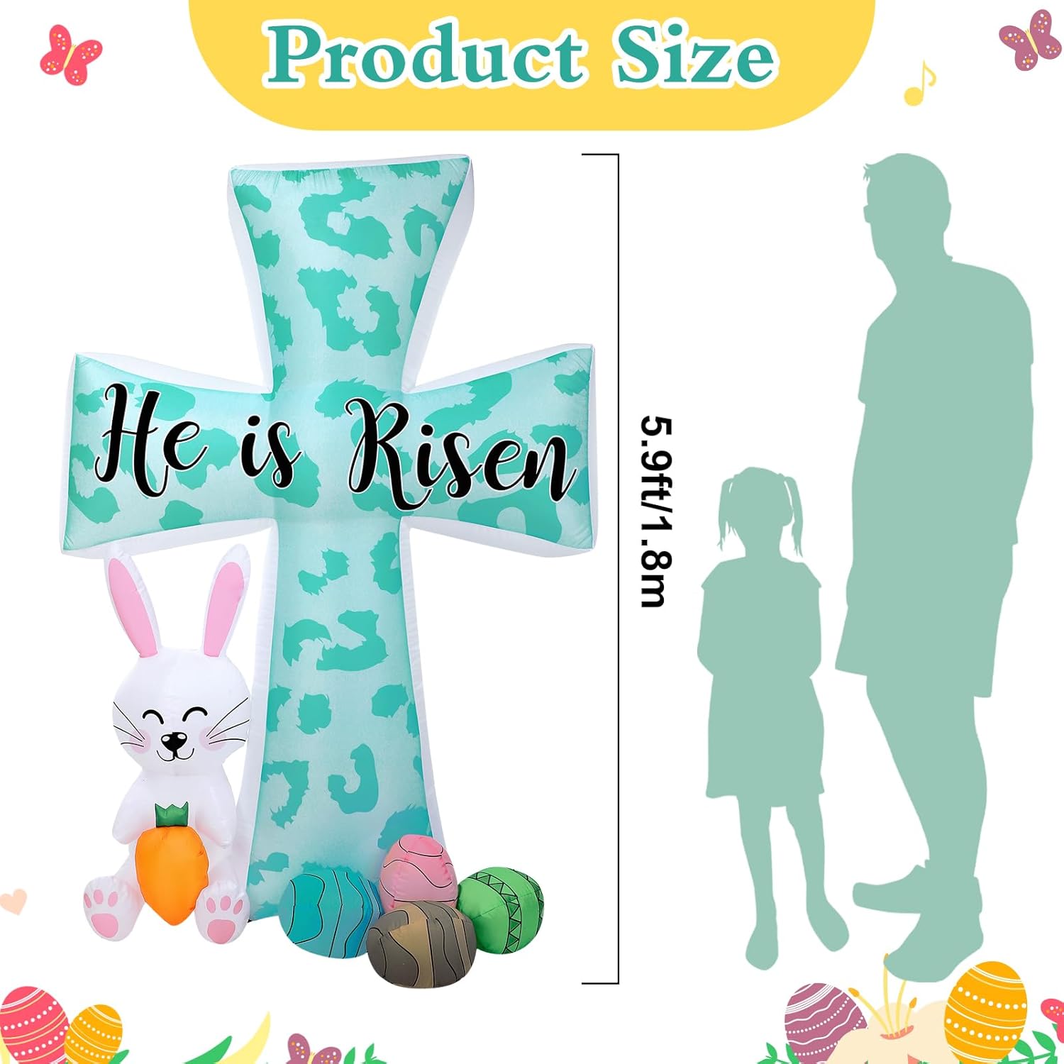 Suzile 5.9 ft Easter Inflatables Outdoor Decorations with LED Lights Bunny He is Risen Cross Yard Decorations Inflatable Lighted Blow up Rabbit for Easter Spring Garden Home Lawn Party(Cute)