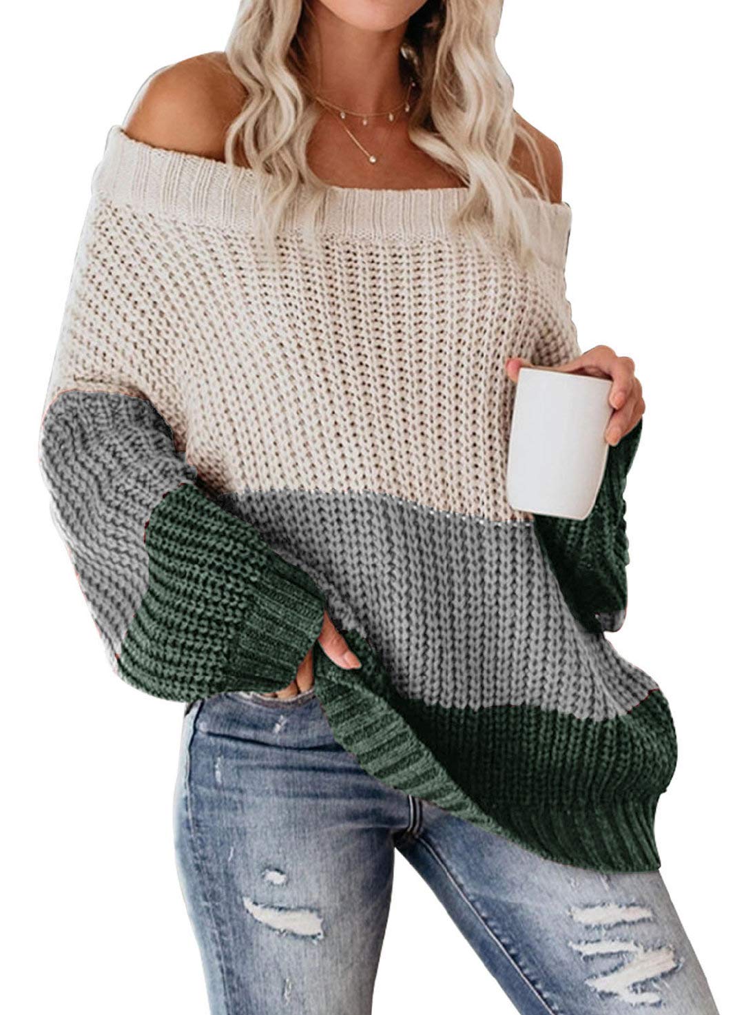 VIMPUNECWomens Oversized Sweater Color Block Off The Shoulder Pullover Sweaters Cable Knit Chunky Striped Tops