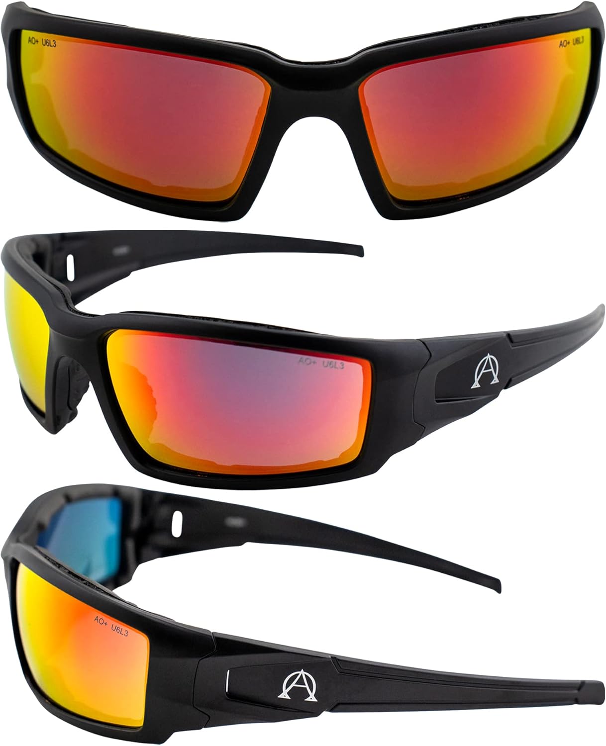 Alpha Omega AO5 Motorcycle Sunglasses Foam Padded Riding Safety Glasses Z87.1 for Men or Women 3 Pairs Black Frames w/Clear, Photochromic, & Red Mirror Lenses - Image 6