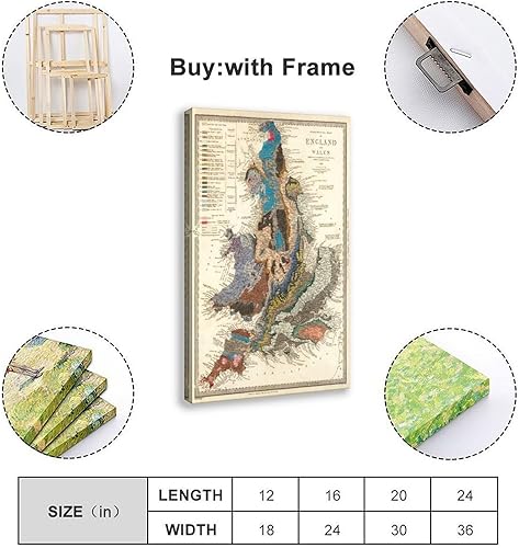 Miniatura 7 de CFIOZYOS Geological Map - Geology England & Wales Old Map From 1843 Canvas Wall Art Print Poster For Home School Office Decor Frame