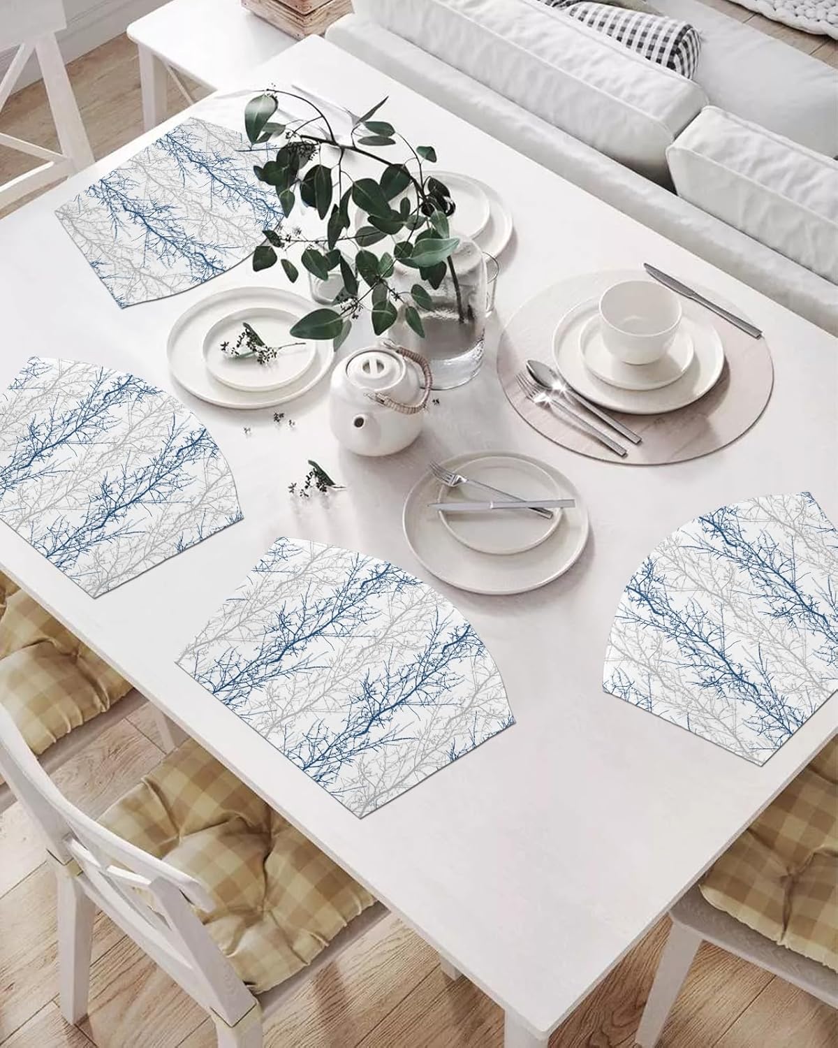 Round Table Placemats Set of 6 Navy Blue Grey Tree Branch Wedge Shaped Placemats Non-Slip Heat Insulation Table Mats Durable Wipeable Placemats for Round Tables Party Decor