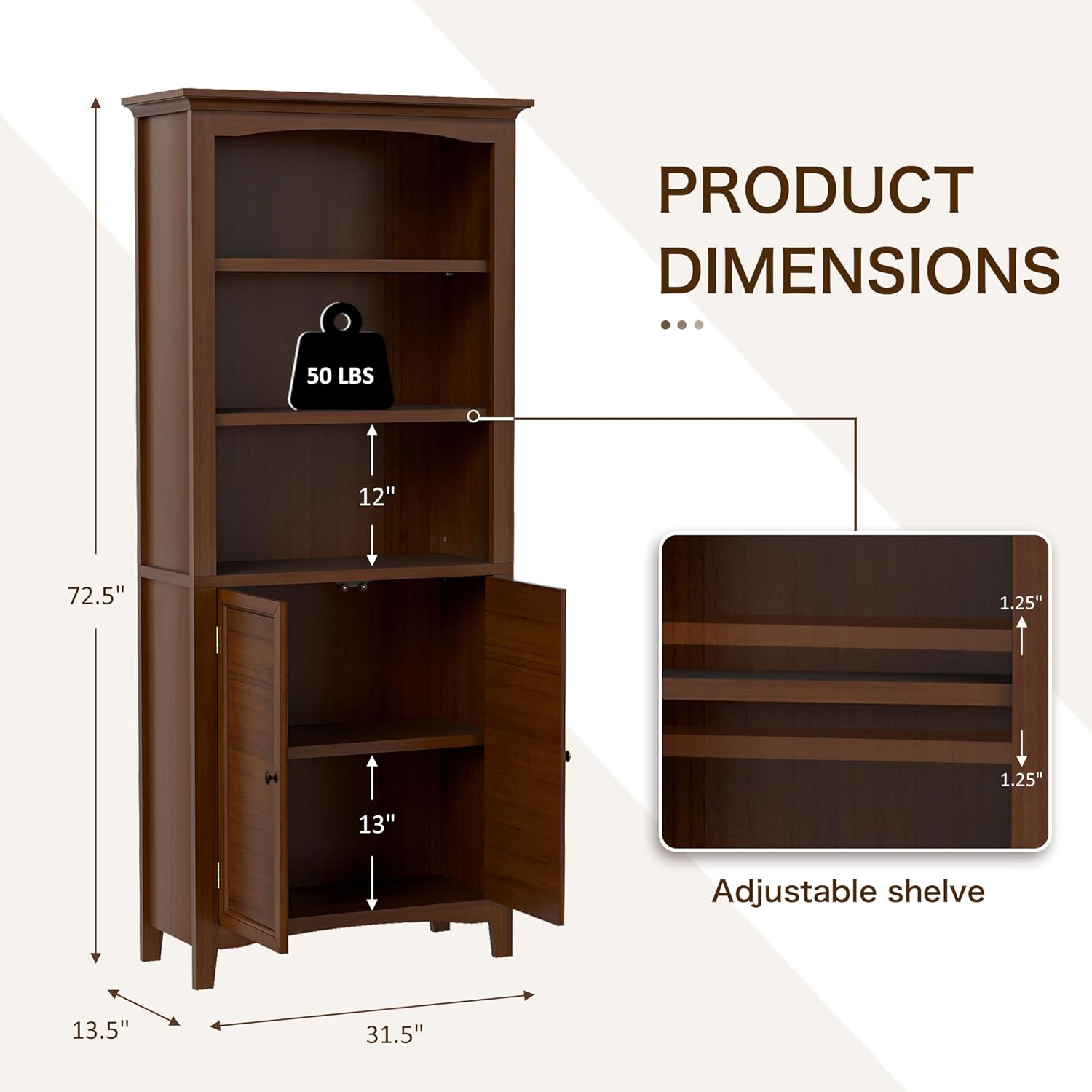 Harvin Standard Bookcase with Doors, Solid Wood Bookshelves Floor Standing 5 Tier Adjustable Shelves Organizer and Storage, 72in Tall Bookshelf for Home Office, Living Room, Bed Room