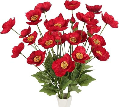Red Poppy Flowers Artificial,8PCS Faux Poppy Flowers 23.2in Silk Poppies with Stems for Wedding Bouquet Party Table Centerpiece Arrangement Home DecorRed