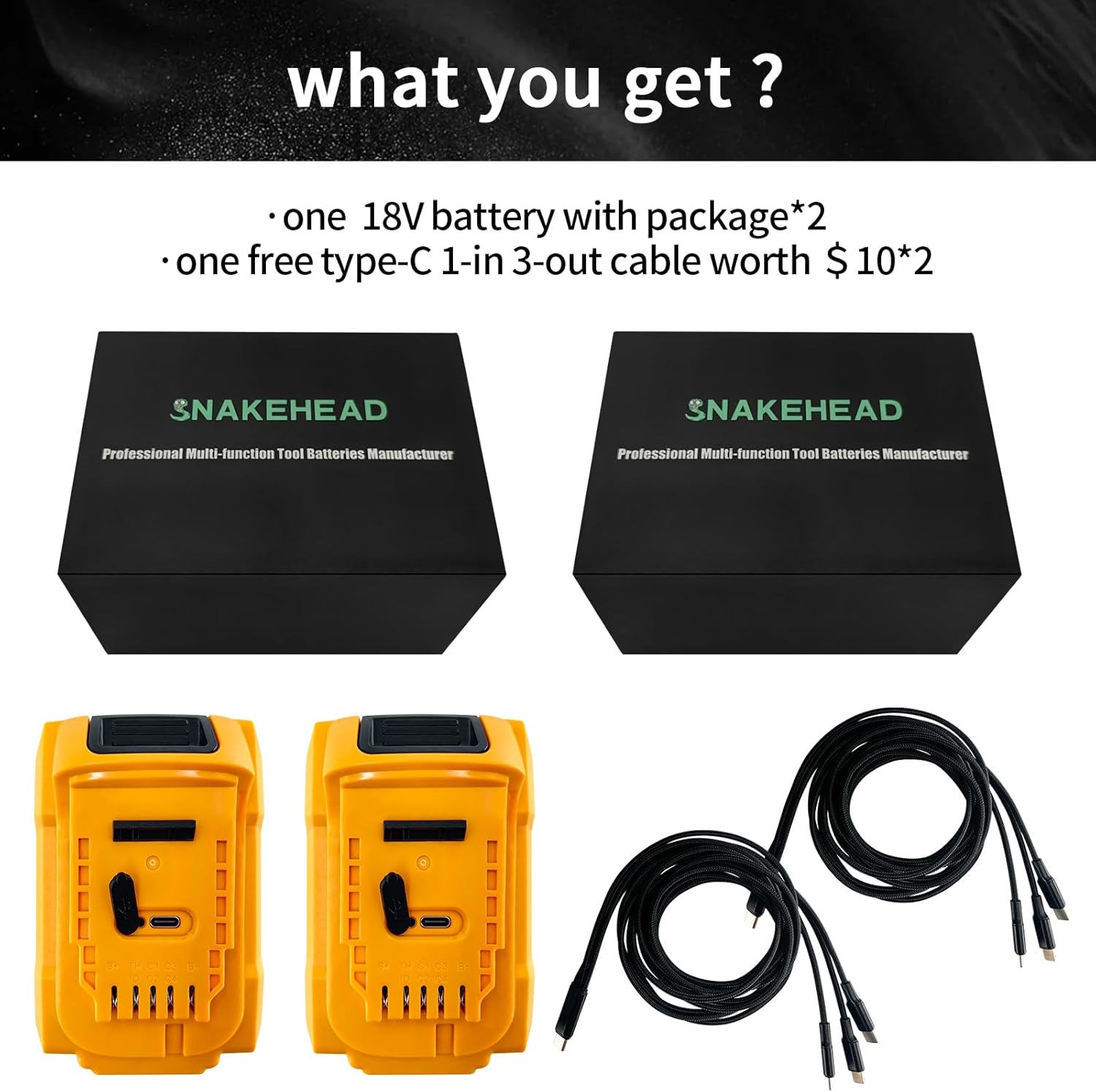 SNAKEHEAD 1-Pack DCB205 20V Max 5Ah Battery Compatible with Dewalt 20V Power Tool,fits DCB200，DCB204，DCB205，DCB206,Power Bank (Type-C) + Free 1-in-3 Cable