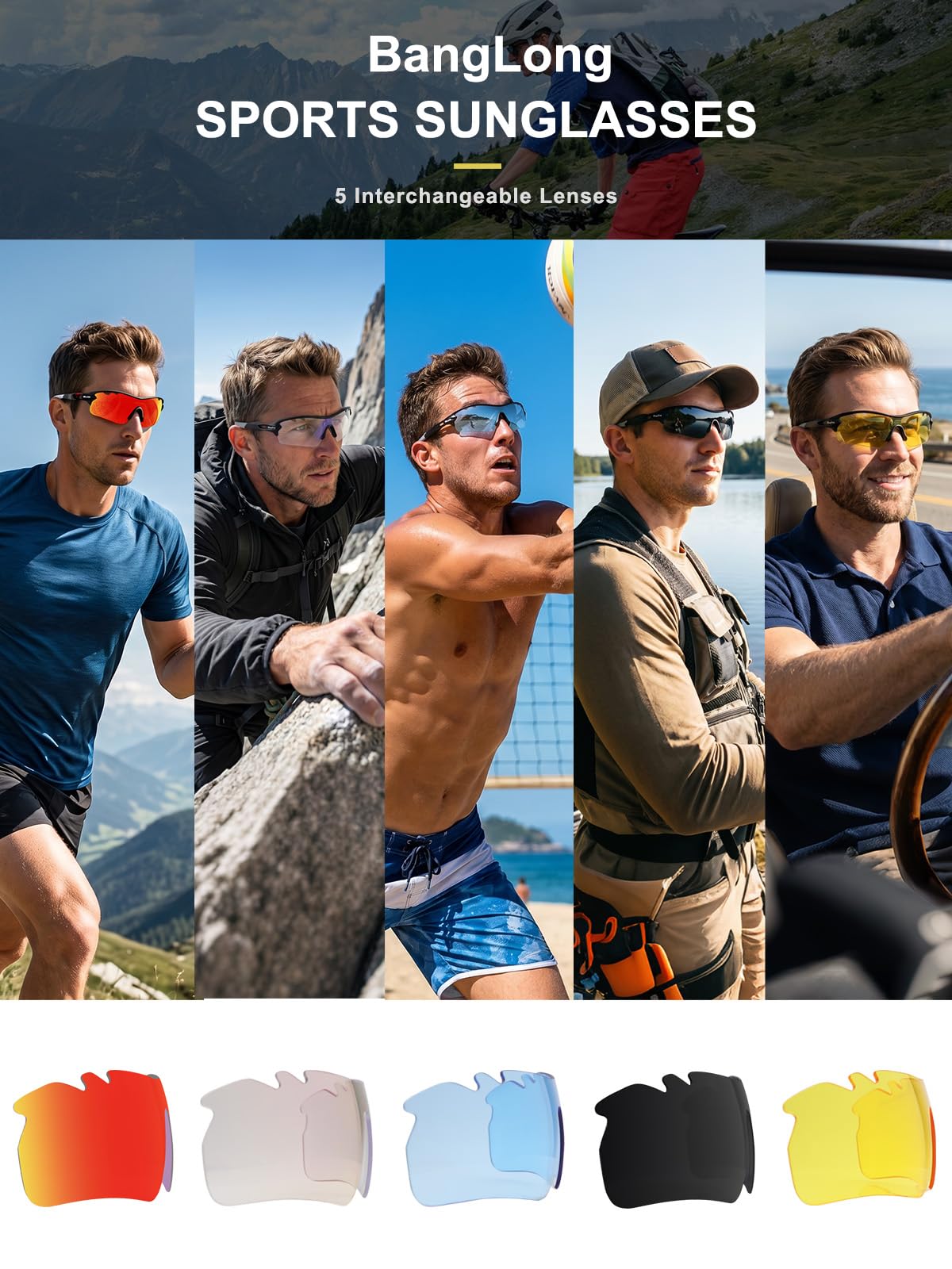 BangLong Lunettes de vélo avec 5 verres interchangeables - Protection UV400 - Lunettes de course polarisées TR90 ultra légères pour homme et femme - Idéales pour le cyclisme, la course, le baseball