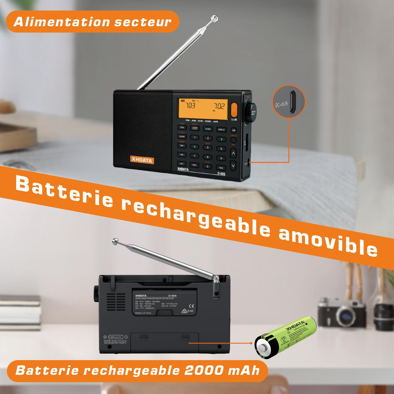 XHDATA D-808 Ondes Courtes Radio Portable, Poste Radio FM/SW/MW/LW SSB Air Band World Receiver, RDS, Radio a Pile Rechargeable, avec Antenne Externe (Noir)