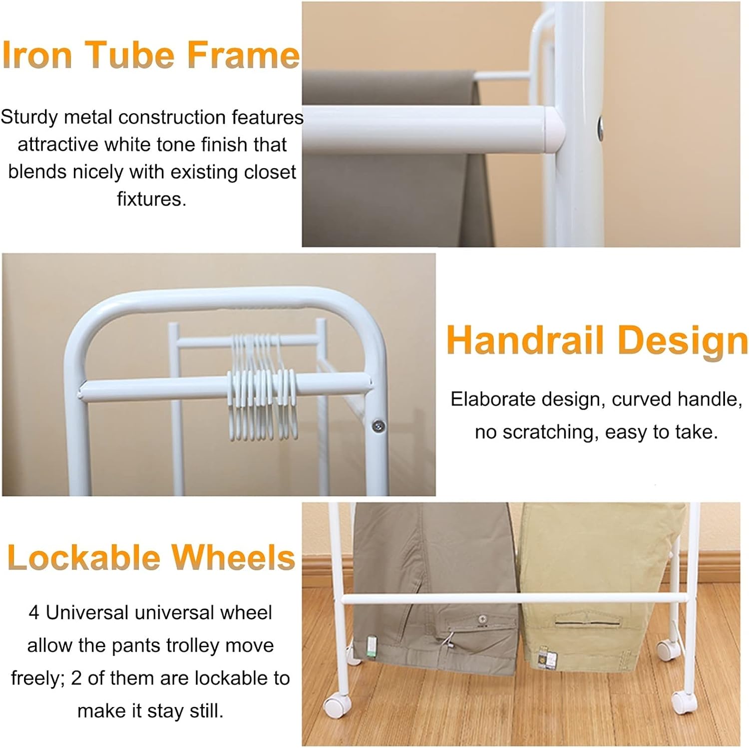 Pants Trolley Pants Rack Trolley for Small Closet, Rolling Hangers for Trouser/Jeans/Skirts, Save Space Clothes Stand Towel Rack with Swivel Castors, Hanger for Wardrobe