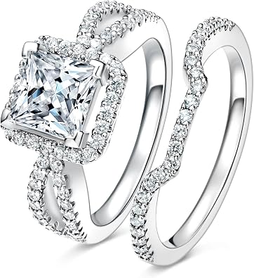 Gemsme Wedding Engagement Rings Set, 18K White Gold Plated Teardrop Cut Cubic Zirconia Halo Promise Ring for Women