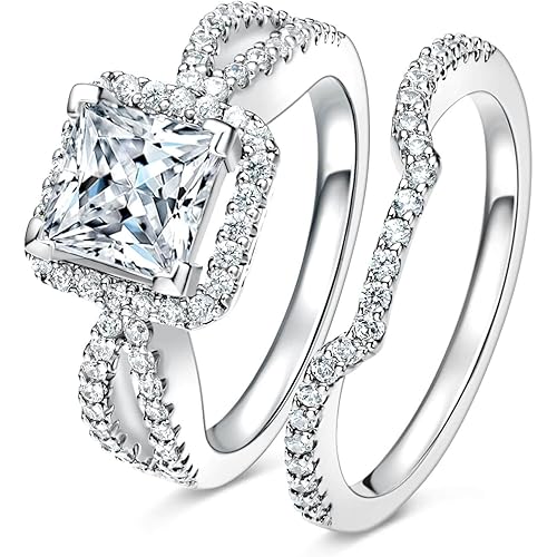 Gemsme Wedding Engagement Rings Set, 18K White Gold Plated Teardrop Cut Cubic Zirconia Halo Promise Ring for Women