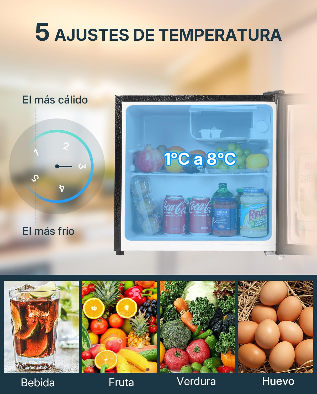Upstreman 46L Mini Nevera con Congelador, 1℃-8℃ Termostato Ajustable, Ahorro de Energía, Silencioso, Minibar para Dormitorio, Oficina, Hotel, FR17- negro brillante