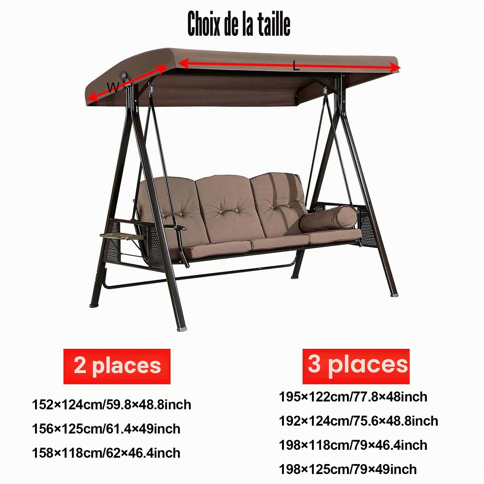 Toit Toile de Rechange pour Balancelle de Jardin 2/3 Places,Imperméable Protection UV Housse de Rechange Toit de Balançoire pour Extérieur Terrasse Balcon,3 Seater:192x124cm/75.6x48.8in