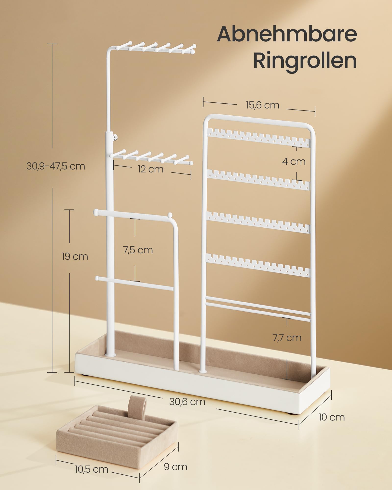 SONGMICS Schmuckständer, Schmuckhalter, Metallrahmen, Schmucktablett Samt, ausziehbarer Kettenhalter, 30,9-47,5 cm hoch, Schmuckaufbewahrung, mattweiß JJS026W01