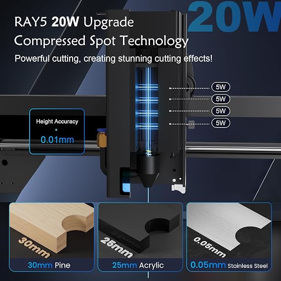 Longer RAY5 Upgraded 20W Laser Engraver Machine Bundle with Air Assist Kit, Exclusive 3.5 Touch Screen for DIY, Cutting Tool for Metal Coloring, Acrylic, Wood, Glass, Leather.